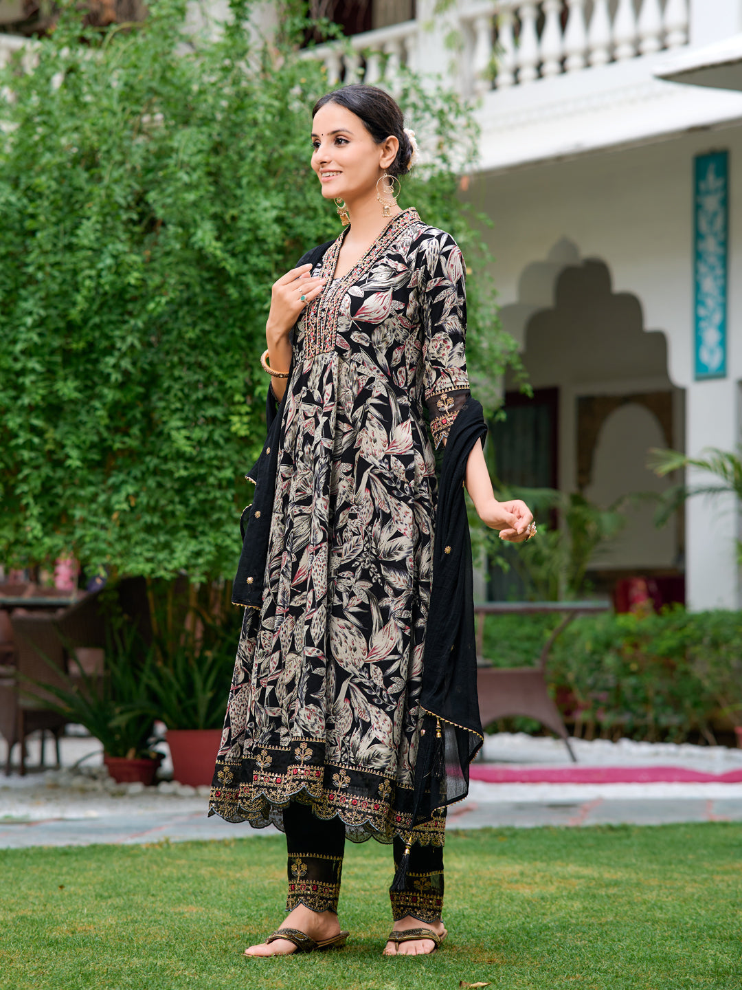 Embroidered & Botanical Printed Anarkali Kurta With Pant & Embroidered Dupatta, Black - Hiral Fashion | Grocsy