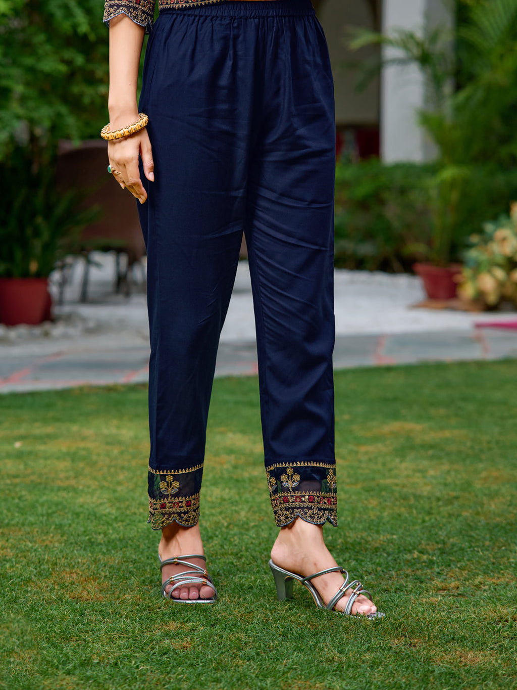 Embroidered & Botanical Printed Anarkali Kurta With Pant & Embroidered Dupatta, Navy Blue - Hiral Fashion | Grocsy
