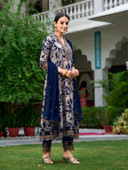 Embroidered & Botanical Printed Anarkali Kurta With Pant & Embroidered Dupatta, Navy Blue - Hiral Fashion | Grocsy