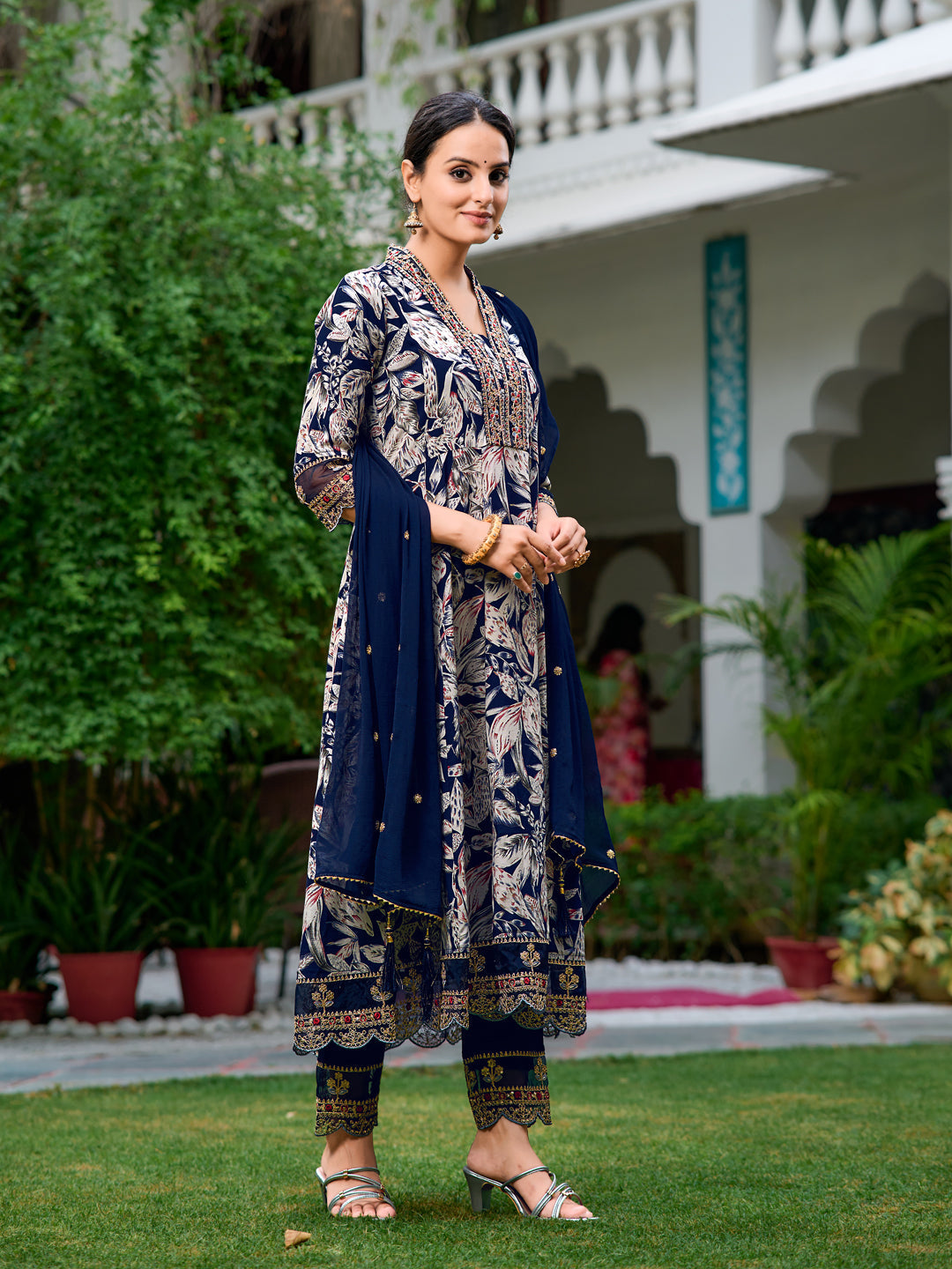 Embroidered & Botanical Printed Anarkali Kurta With Pant & Embroidered Dupatta, Navy Blue - Hiral Fashion | Grocsy