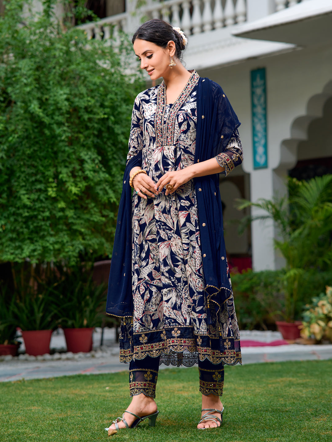 Embroidered & Botanical Printed Anarkali Kurta With Pant & Embroidered Dupatta, Navy Blue - Hiral Fashion | Grocsy