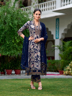 Embroidered & Botanical Printed Anarkali Kurta With Pant & Embroidered Dupatta, Navy Blue - Hiral Fashion | Grocsy