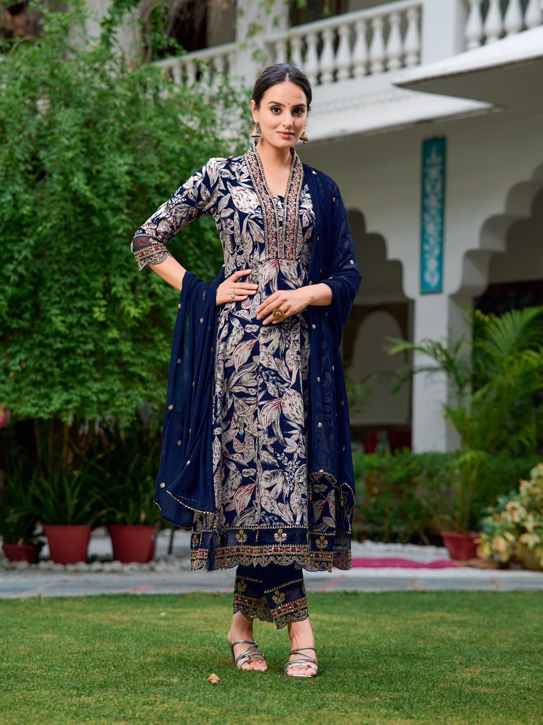 Embroidered & Botanical Printed Anarkali Kurta With Pant & Embroidered Dupatta, Navy Blue - Hiral Fashion | Grocsy