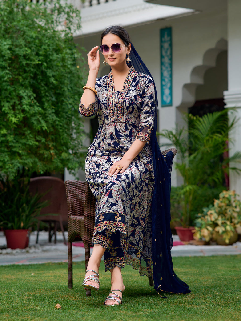 Embroidered & Botanical Printed Anarkali Kurta With Pant & Embroidered Dupatta, Navy Blue - Hiral Fashion | Grocsy
