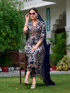 Embroidered & Botanical Printed Anarkali Kurta With Pant & Embroidered Dupatta, Navy Blue - Hiral Fashion | Grocsy