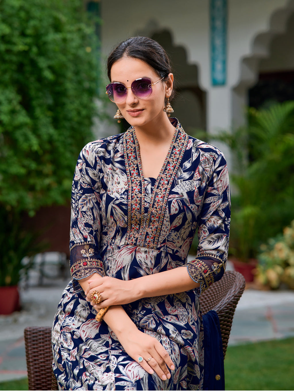 Embroidered & Botanical Printed Anarkali Kurta With Pant & Embroidered Dupatta, Navy Blue - Hiral Fashion | Grocsy