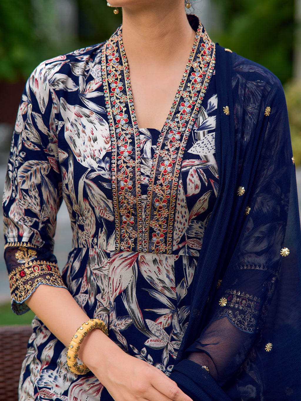 Embroidered & Botanical Printed Anarkali Kurta With Pant & Embroidered Dupatta, Navy Blue - Hiral Fashion | Grocsy