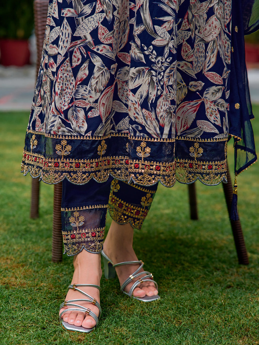 Embroidered & Botanical Printed Anarkali Kurta With Pant & Embroidered Dupatta, Navy Blue - Hiral Fashion | Grocsy
