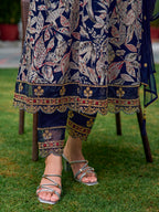 Embroidered & Botanical Printed Anarkali Kurta With Pant & Embroidered Dupatta, Navy Blue - Hiral Fashion | Grocsy