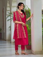 Embroidered Kurta With Pant & Bandhani Printed Embroidered Dupatta, Pink - Hiral Fashion | Grocsy