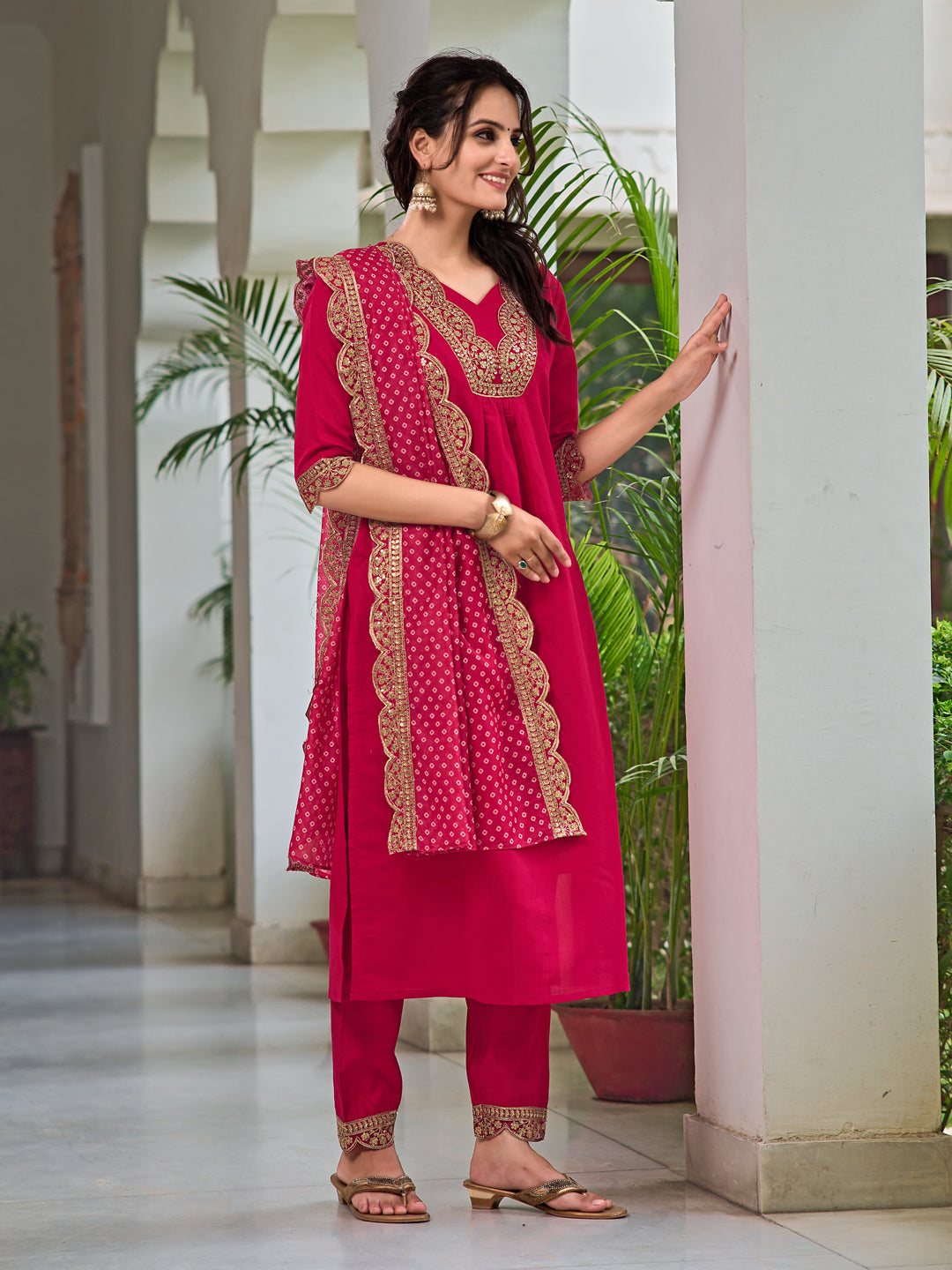 Embroidered Kurta With Pant & Bandhani Printed Embroidered Dupatta, Pink - Hiral Fashion | Grocsy