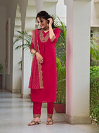 Embroidered Kurta With Pant & Bandhani Printed Embroidered Dupatta, Pink - Hiral Fashion | Grocsy
