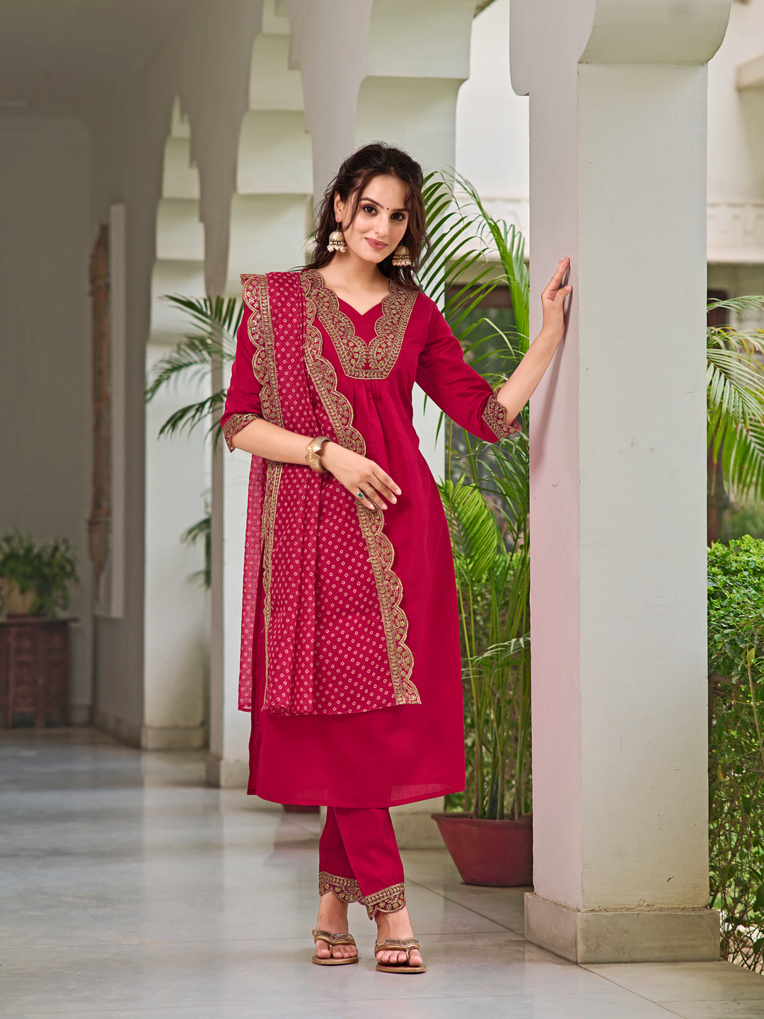 Embroidered Kurta With Pant & Bandhani Printed Embroidered Dupatta, Pink - Hiral Fashion | Grocsy