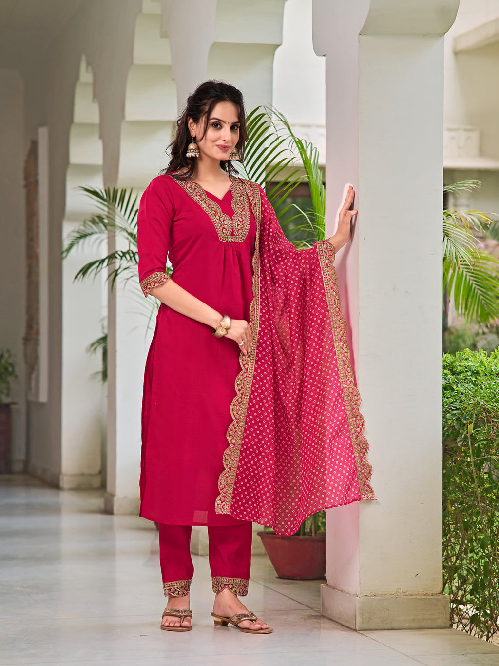 Embroidered Kurta With Pant & Bandhani Printed Embroidered Dupatta, Pink - Hiral Fashion | Grocsy