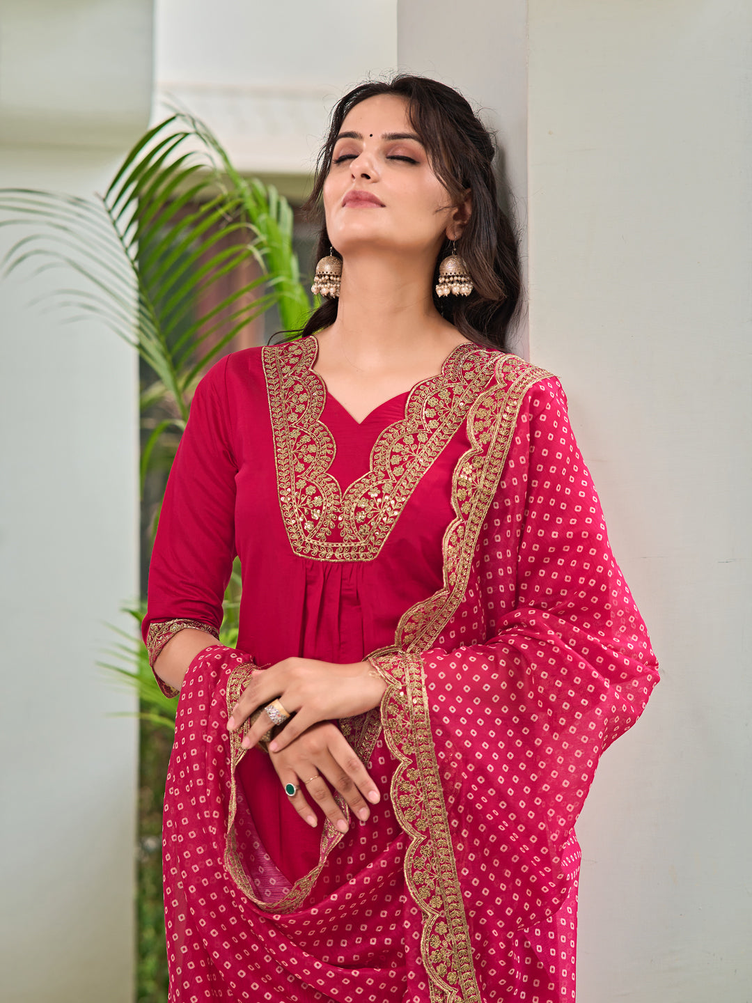 Embroidered Kurta With Pant & Bandhani Printed Embroidered Dupatta, Pink - Hiral Fashion | Grocsy