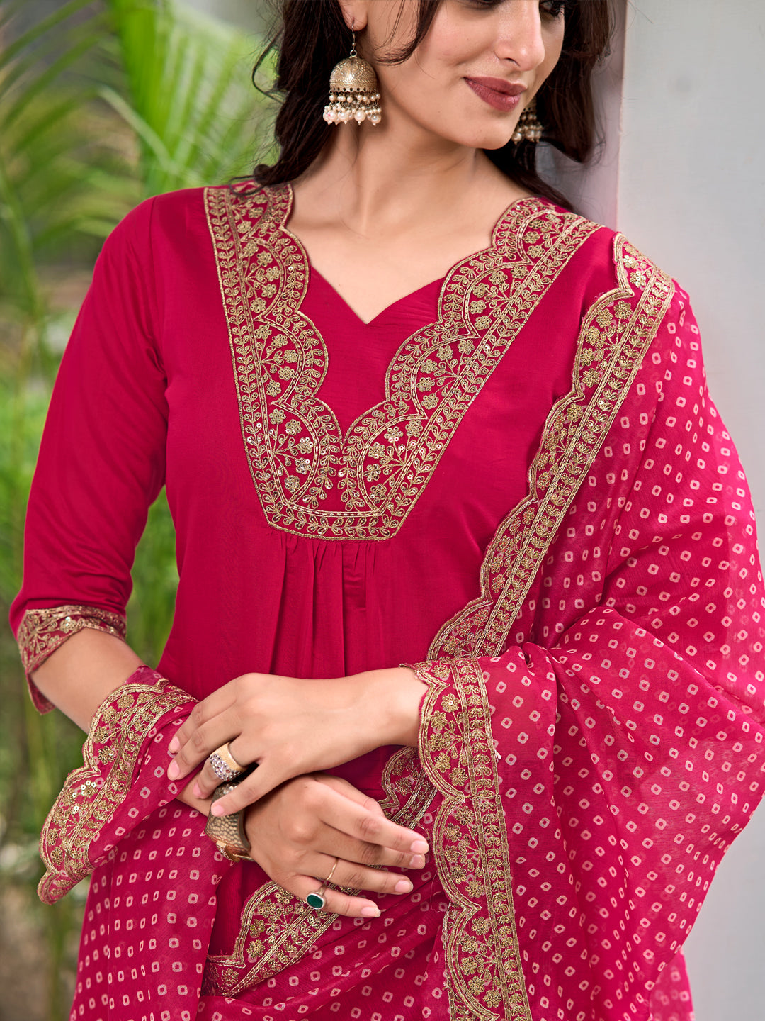 Embroidered Kurta With Pant & Bandhani Printed Embroidered Dupatta, Pink - Hiral Fashion | Grocsy