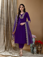 Embroidered Kurta With Pant & Bandhani Printed Embroidered Dupatta, Purple - Hiral Fashion | Grocsy