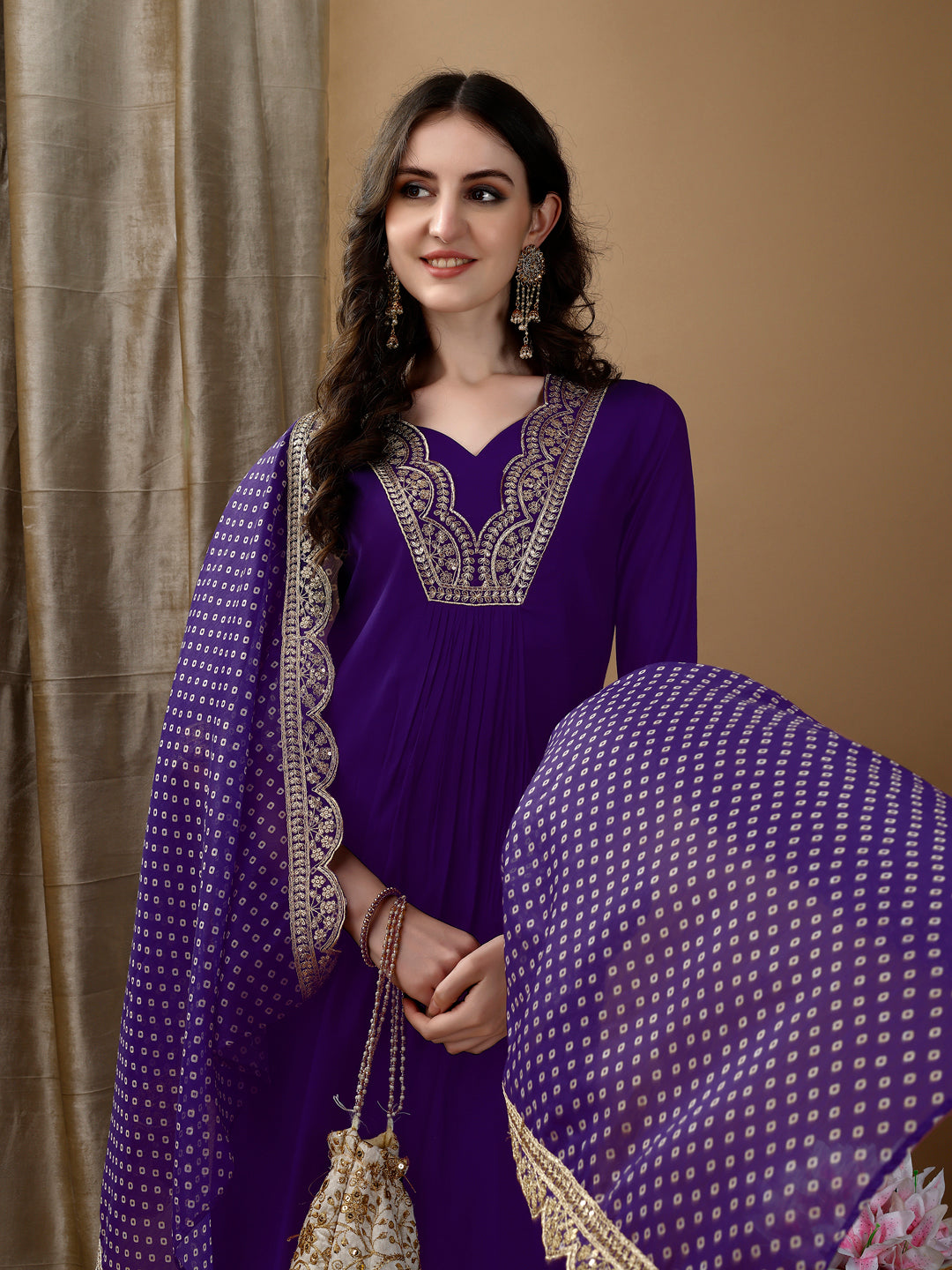 Embroidered Kurta With Pant & Bandhani Printed Embroidered Dupatta, Purple - Hiral Fashion | Grocsy