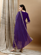 Embroidered Kurta With Pant & Bandhani Printed Embroidered Dupatta, Purple - Hiral Fashion | Grocsy