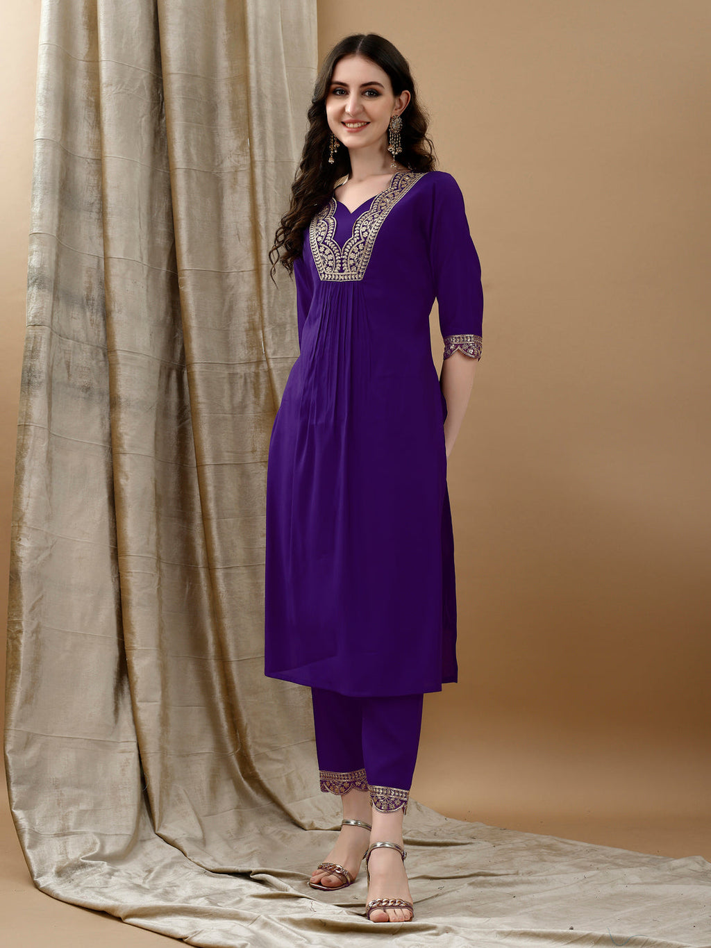 Embroidered Kurta With Pant & Bandhani Printed Embroidered Dupatta, Purple - Hiral Fashion | Grocsy