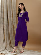 Embroidered Kurta With Pant & Bandhani Printed Embroidered Dupatta, Purple - Hiral Fashion | Grocsy