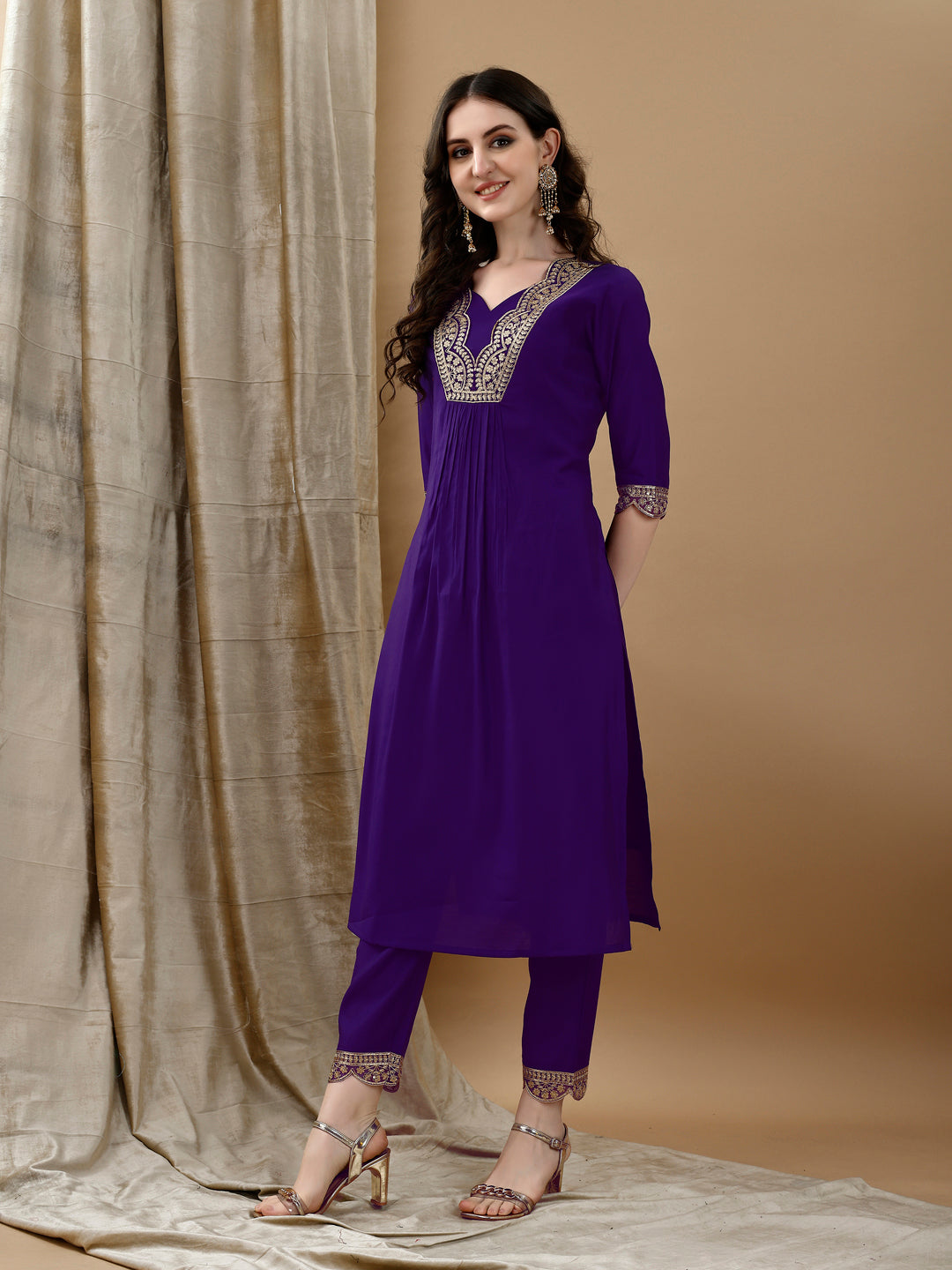 Embroidered Kurta With Pant & Bandhani Printed Embroidered Dupatta, Purple - Hiral Fashion | Grocsy