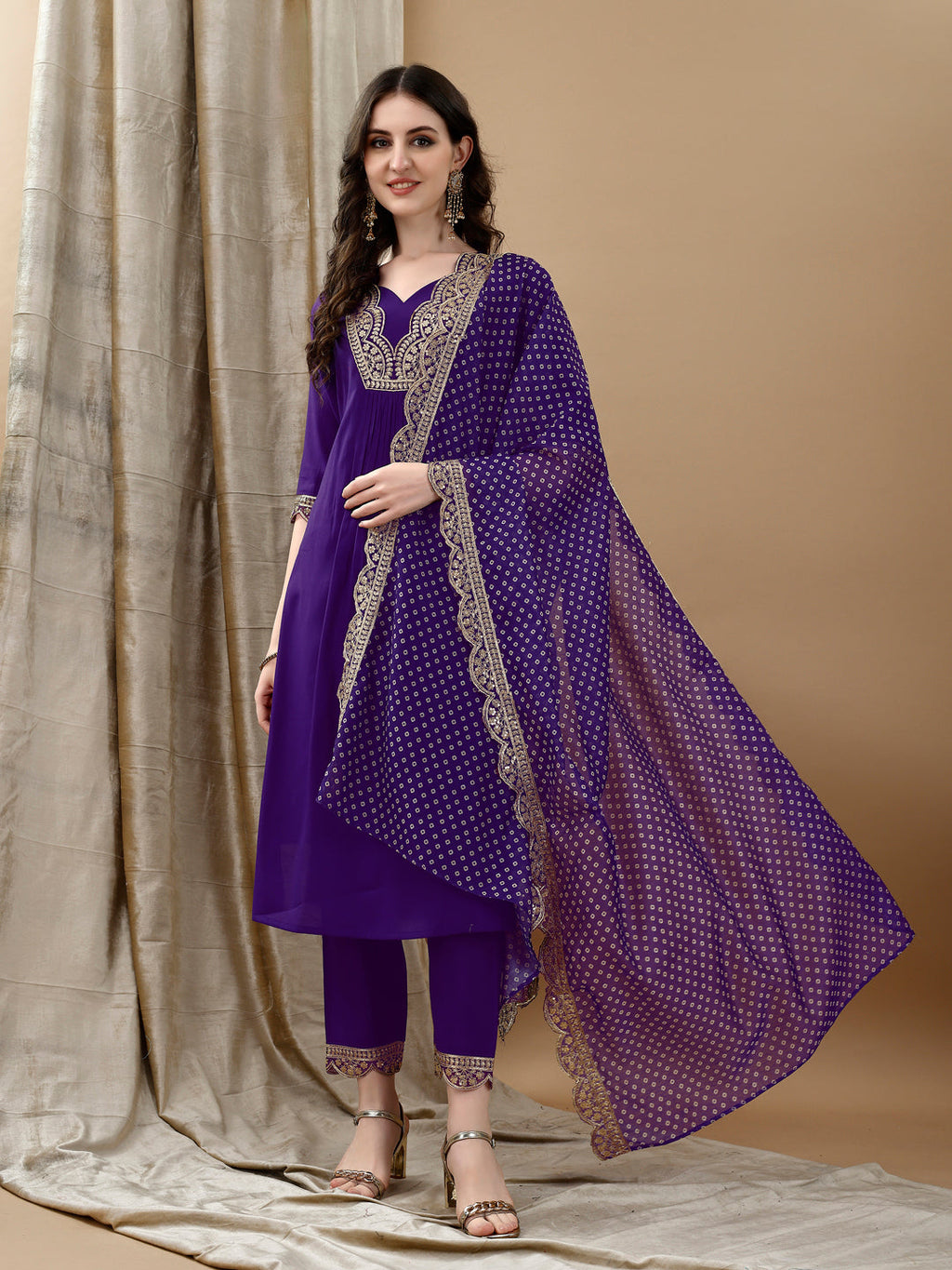 Embroidered Kurta With Pant & Bandhani Printed Embroidered Dupatta, Purple - Hiral Fashion | Grocsy