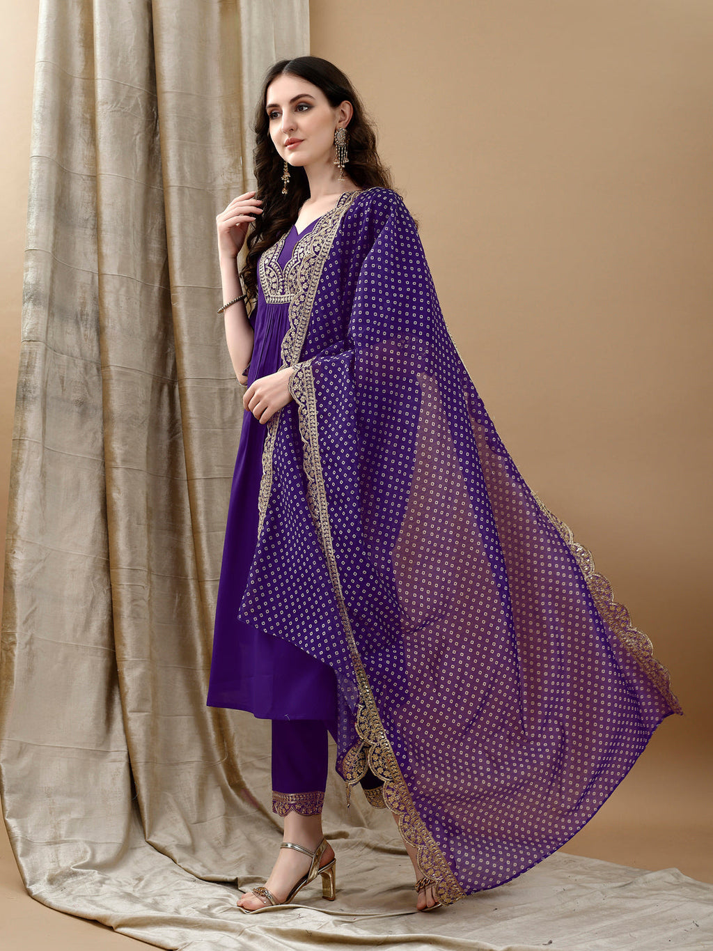 Embroidered Kurta With Pant & Bandhani Printed Embroidered Dupatta, Purple - Hiral Fashion | Grocsy