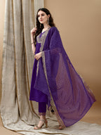 Embroidered Kurta With Pant & Bandhani Printed Embroidered Dupatta, Purple - Hiral Fashion | Grocsy