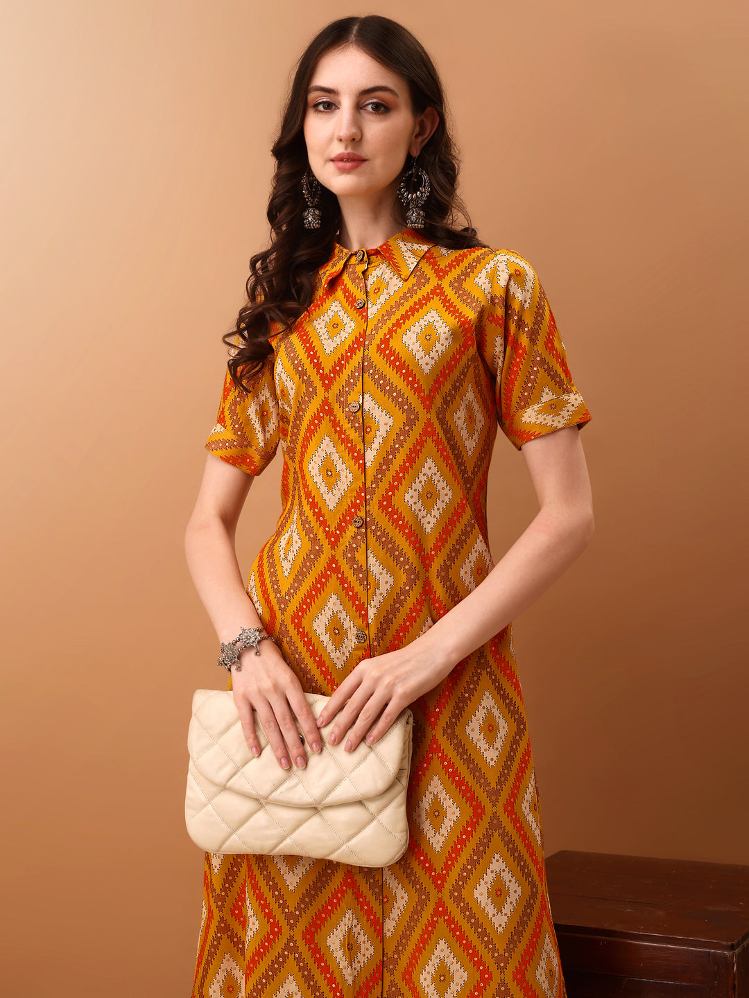 Printed Rayon Front Buttoned Collared Co-Ords Set, Mustard - Hiral Fashion | Grocsy