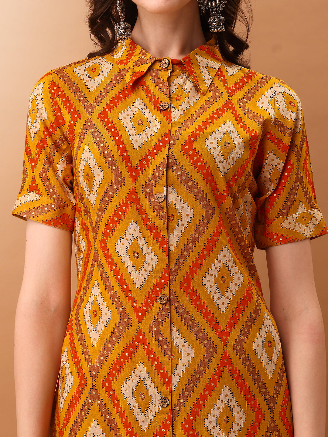 Printed Rayon Front Buttoned Collared Co-Ords Set, Mustard - Hiral Fashion | Grocsy