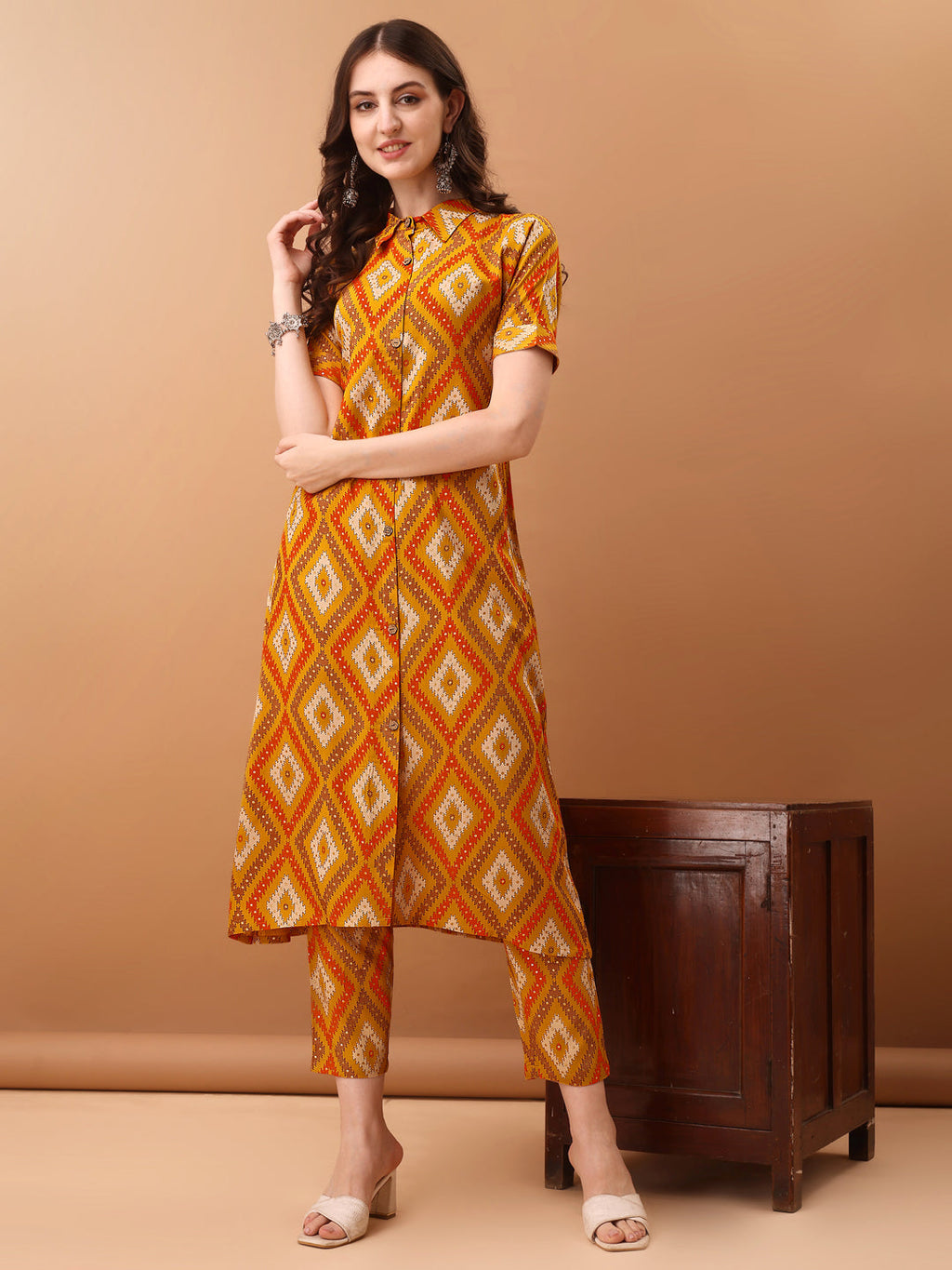 Printed Rayon Front Buttoned Collared Co-Ords Set, Mustard - Hiral Fashion | Grocsy