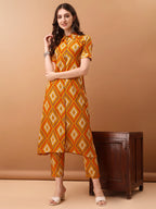 Printed Rayon Front Buttoned Collared Co-Ords Set, Mustard - Hiral Fashion | Grocsy