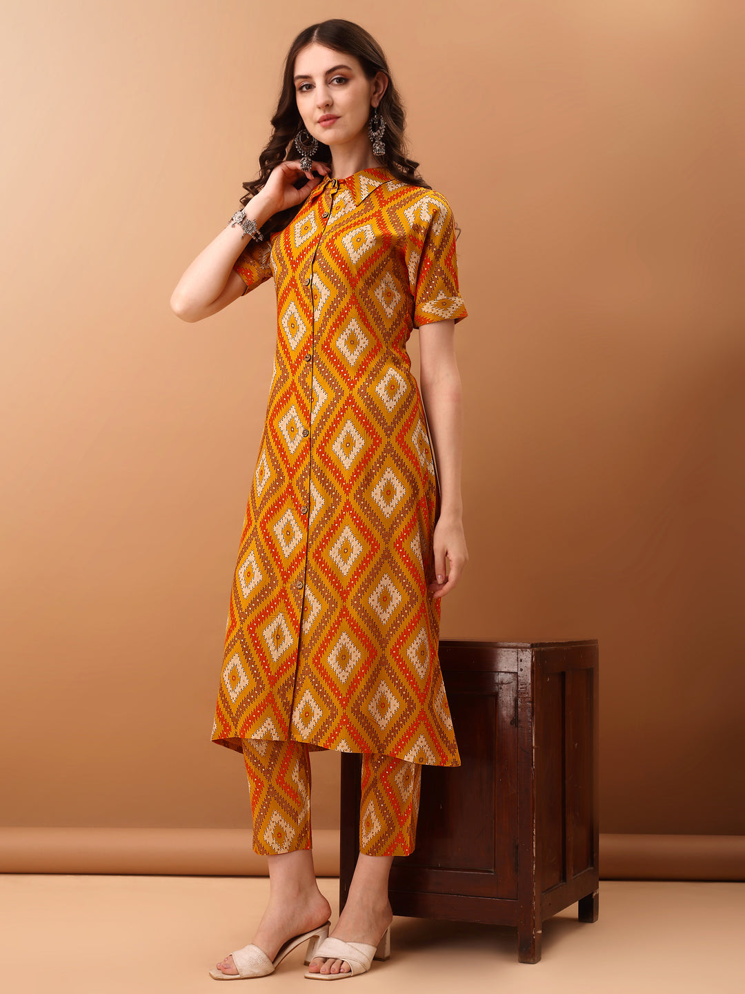 Printed Rayon Front Buttoned Collared Co-Ords Set, Mustard - Hiral Fashion | Grocsy