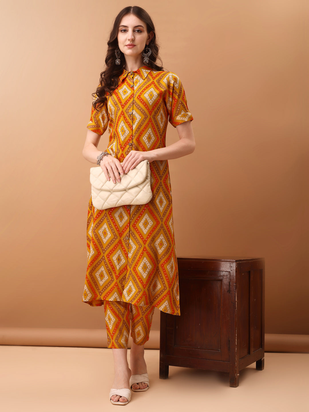 Printed Rayon Front Buttoned Collared Co-Ords Set, Mustard - Hiral Fashion | Grocsy