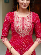 Embroidered & Bandhani Printed Flared Kurta With Pant & Printed Dupatta, Rani - Hiral Fashion | Grocsy