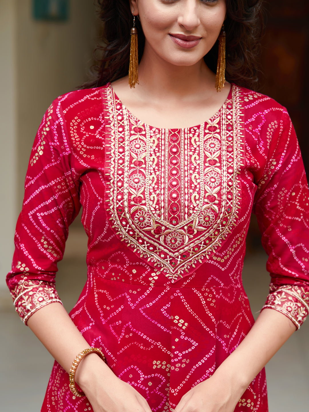 Embroidered & Bandhani Printed Flared Kurta With Pant & Printed Dupatta, Rani - Hiral Fashion | Grocsy