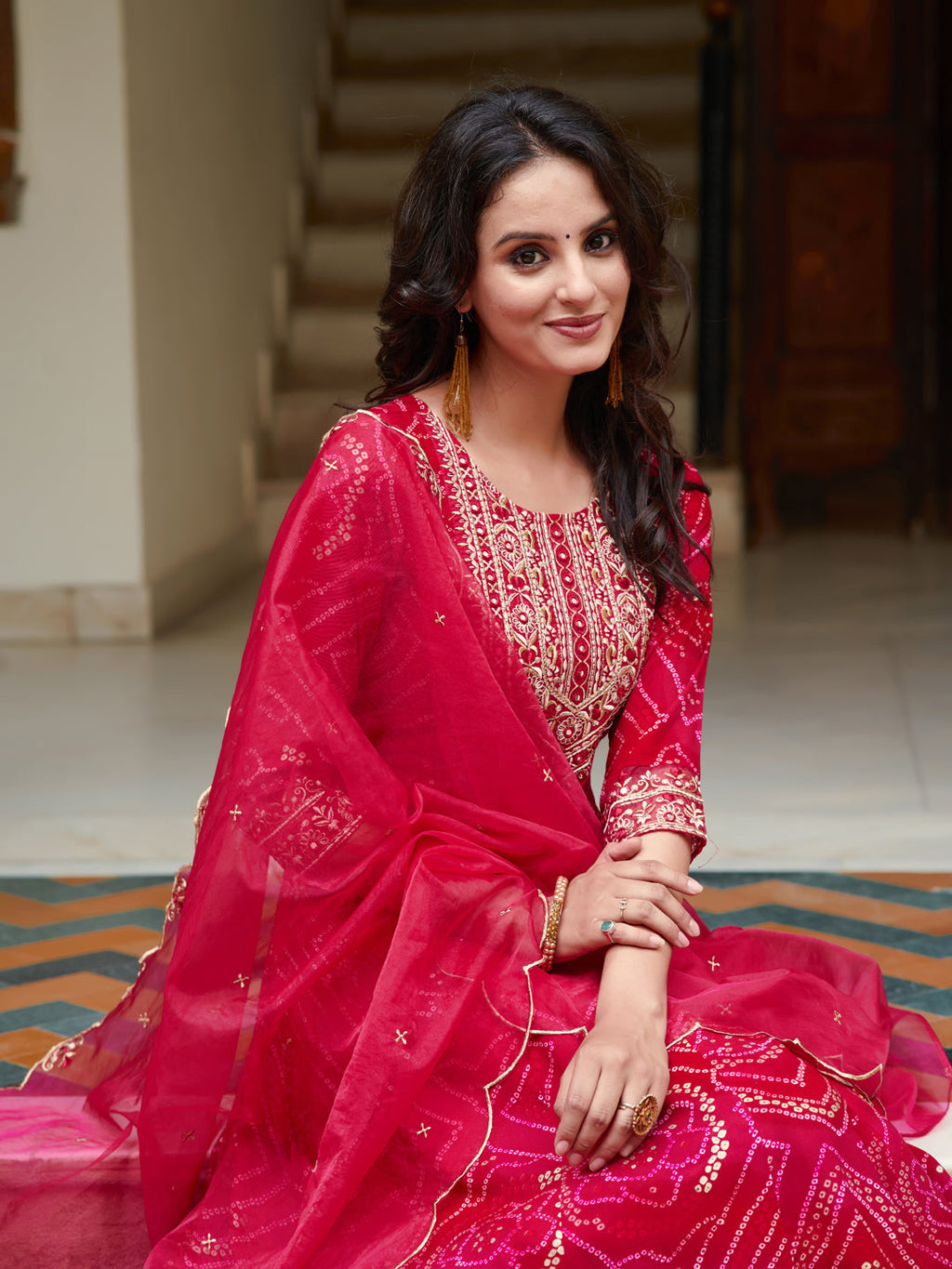 Embroidered & Bandhani Printed Flared Kurta With Pant & Printed Dupatta, Rani - Hiral Fashion | Grocsy