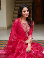 Embroidered & Bandhani Printed Flared Kurta With Pant & Printed Dupatta, Rani - Hiral Fashion | Grocsy