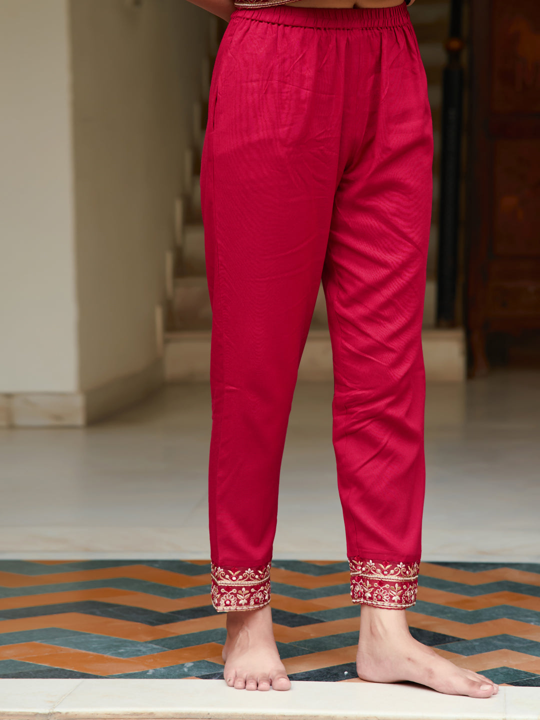 Embroidered & Bandhani Printed Flared Kurta With Pant & Printed Dupatta, Rani - Hiral Fashion | Grocsy
