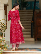 Embroidered & Bandhani Printed Flared Kurta With Pant & Printed Dupatta, Rani - Hiral Fashion | Grocsy