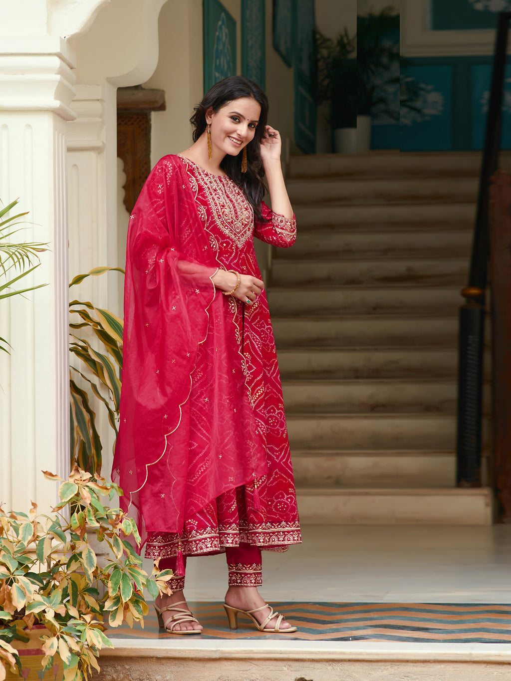 Embroidered & Bandhani Printed Flared Kurta With Pant & Printed Dupatta, Rani - Hiral Fashion | Grocsy