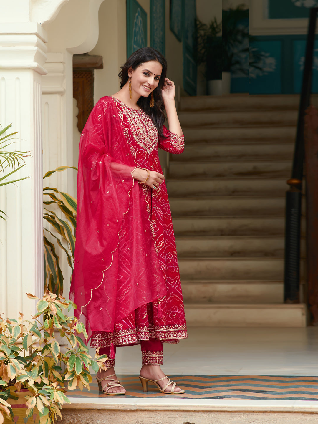 Embroidered & Bandhani Printed Flared Kurta With Pant & Printed Dupatta, Rani - Hiral Fashion | Grocsy
