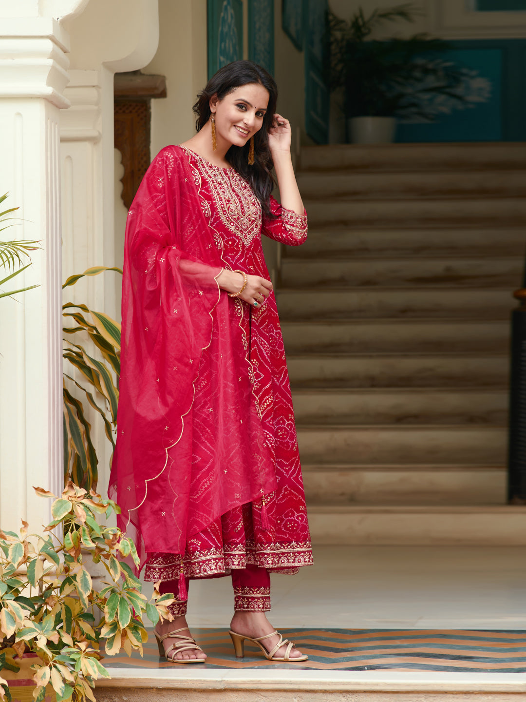 Embroidered & Bandhani Printed Flared Kurta With Pant & Printed Dupatta, Rani - Hiral Fashion | Grocsy