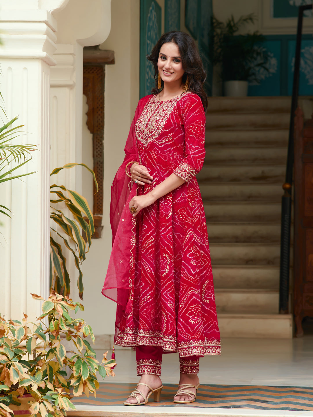 Embroidered & Bandhani Printed Flared Kurta With Pant & Printed Dupatta, Rani - Hiral Fashion | Grocsy