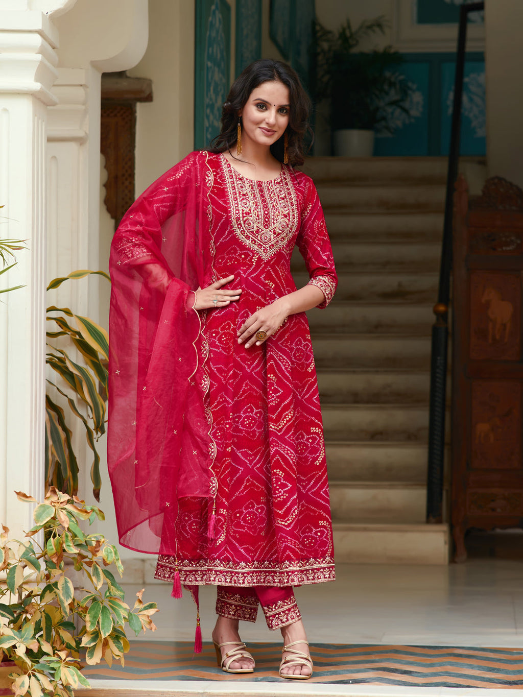 Embroidered & Bandhani Printed Flared Kurta With Pant & Printed Dupatta, Rani - Hiral Fashion | Grocsy