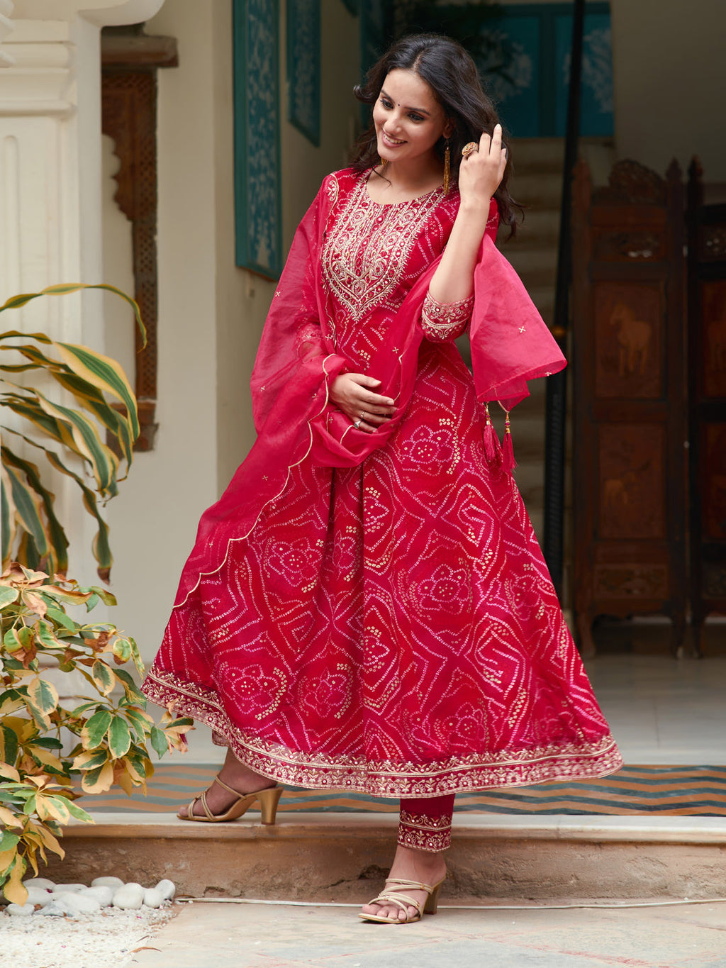 Embroidered & Bandhani Printed Flared Kurta With Pant & Printed Dupatta, Rani - Hiral Fashion | Grocsy