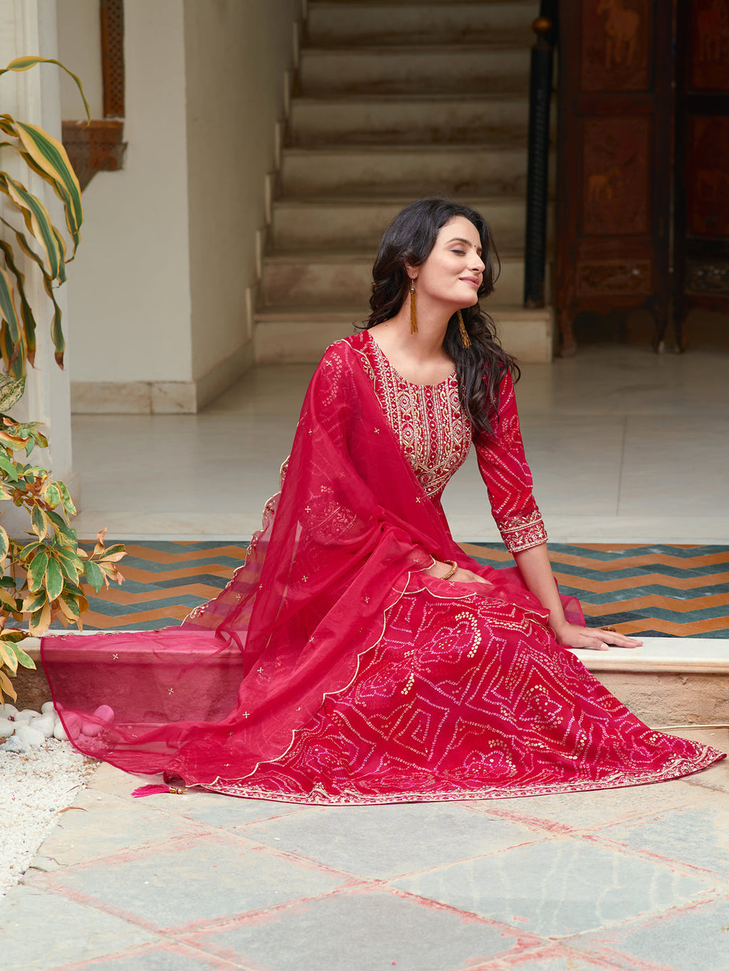 Embroidered & Bandhani Printed Flared Kurta With Pant & Printed Dupatta, Rani - Hiral Fashion | Grocsy