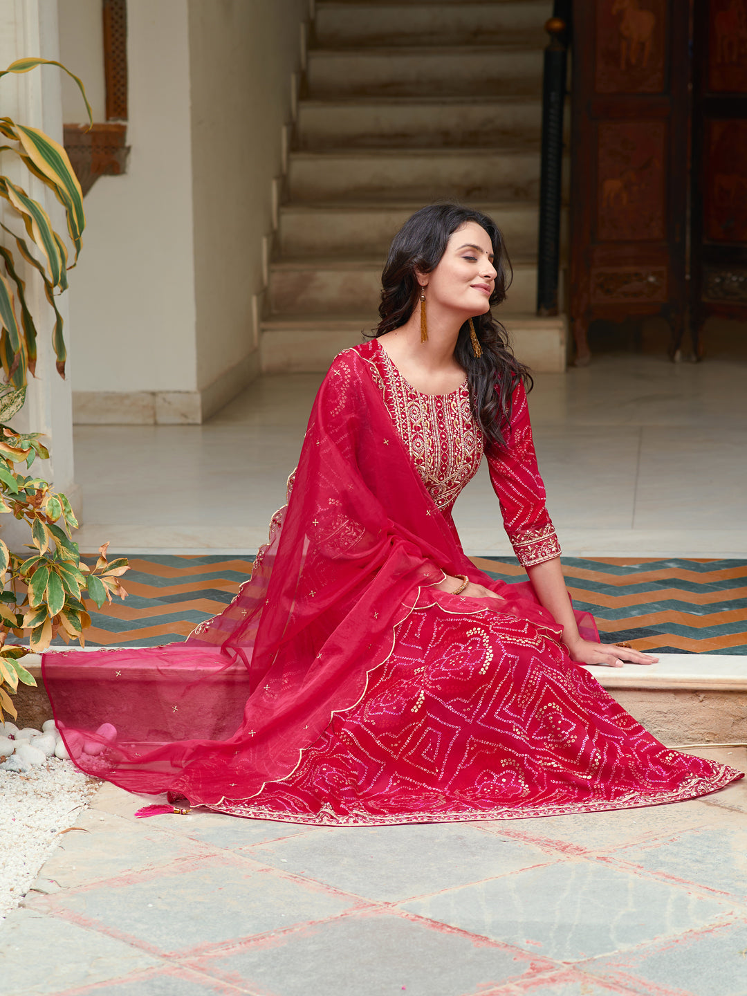 Embroidered & Bandhani Printed Flared Kurta With Pant & Printed Dupatta, Rani - Hiral Fashion | Grocsy