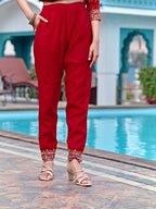 Embroidered & Bandhani Printed Flared Kurta With Pant & Printed Dupatta, Red - Hiral Fashion | Grocsy